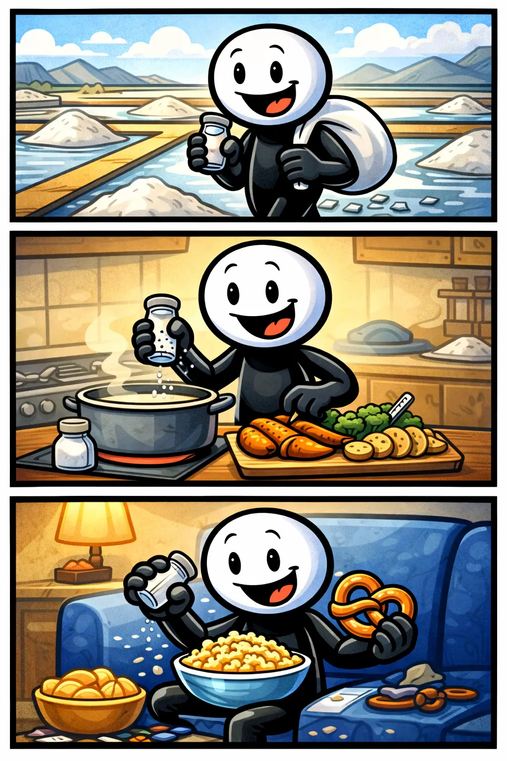Stickman in drie panelen die zout verzamelt, gebruikt bij het koken en strooit over snacks in Toonwords-stijl.
