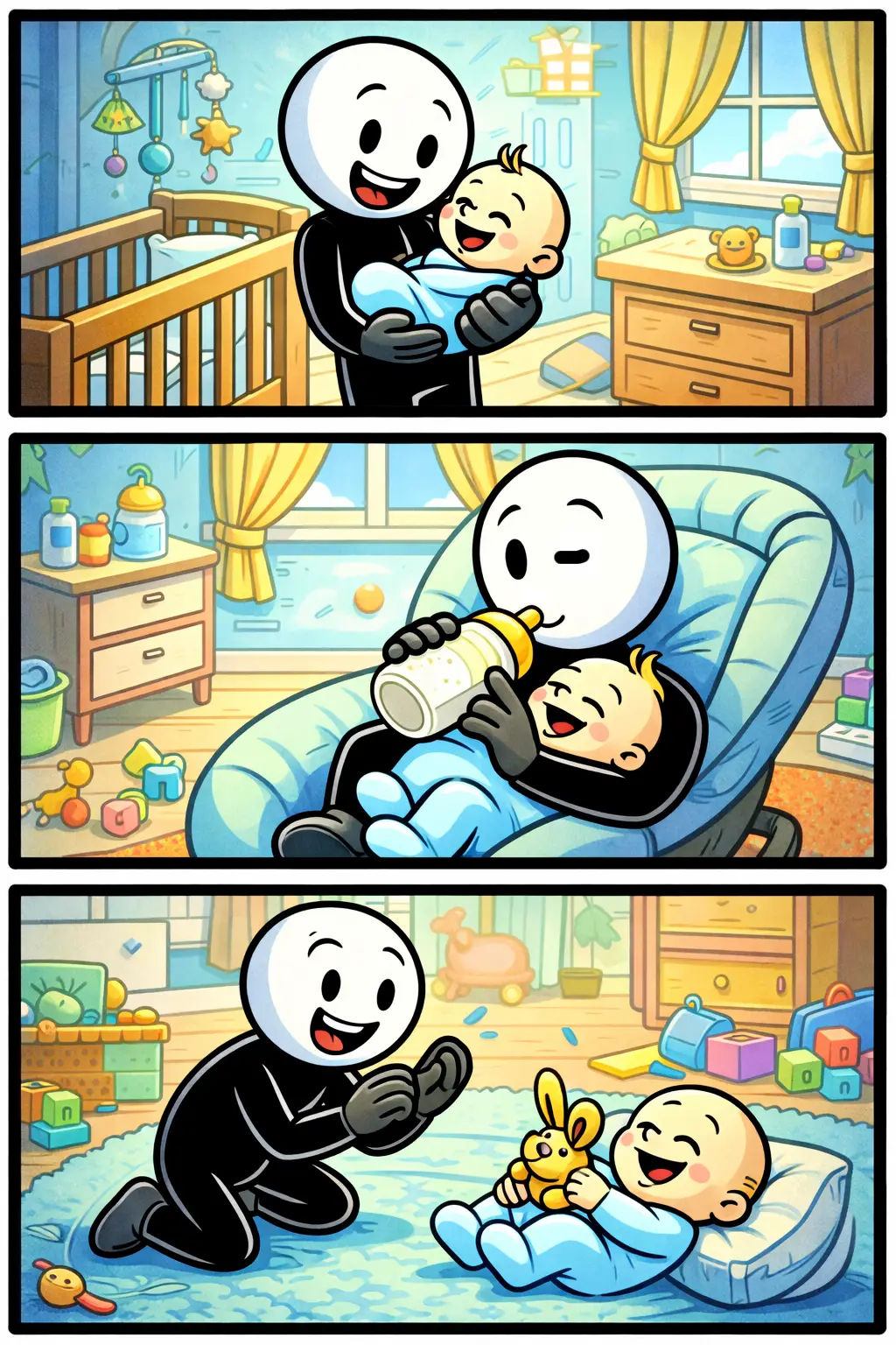 Een stickman die een zuigeling liefdevol vasthoudt in een zachte, warme omgeving.