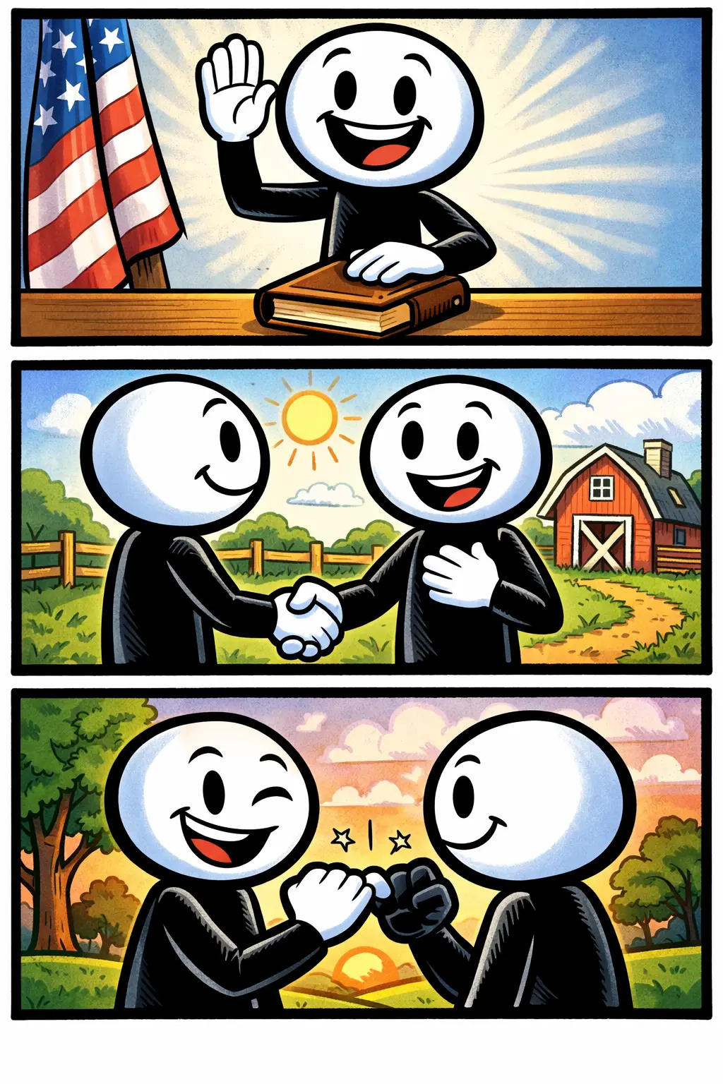 Stickman die zweren uitbeeldt in drie scènes binnen het thema van een belofte.