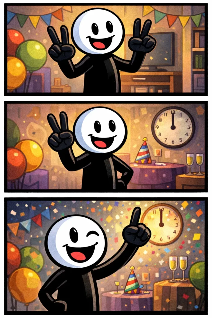 Stickman die in drie stappen aftelt in een kleurrijk Toonwords-decor.