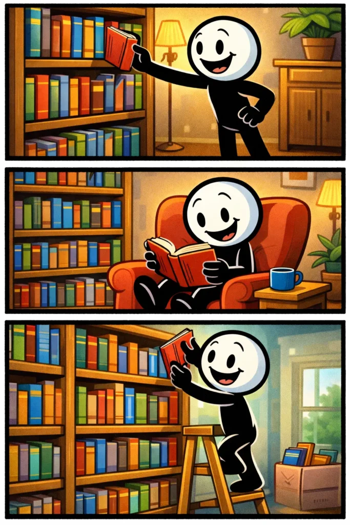 Stripafbeelding van het toonwoord Boekenkast met een vrolijke stickman die boeken pakt, leest en terugzet in een kamer met een grote kast vol boeken.