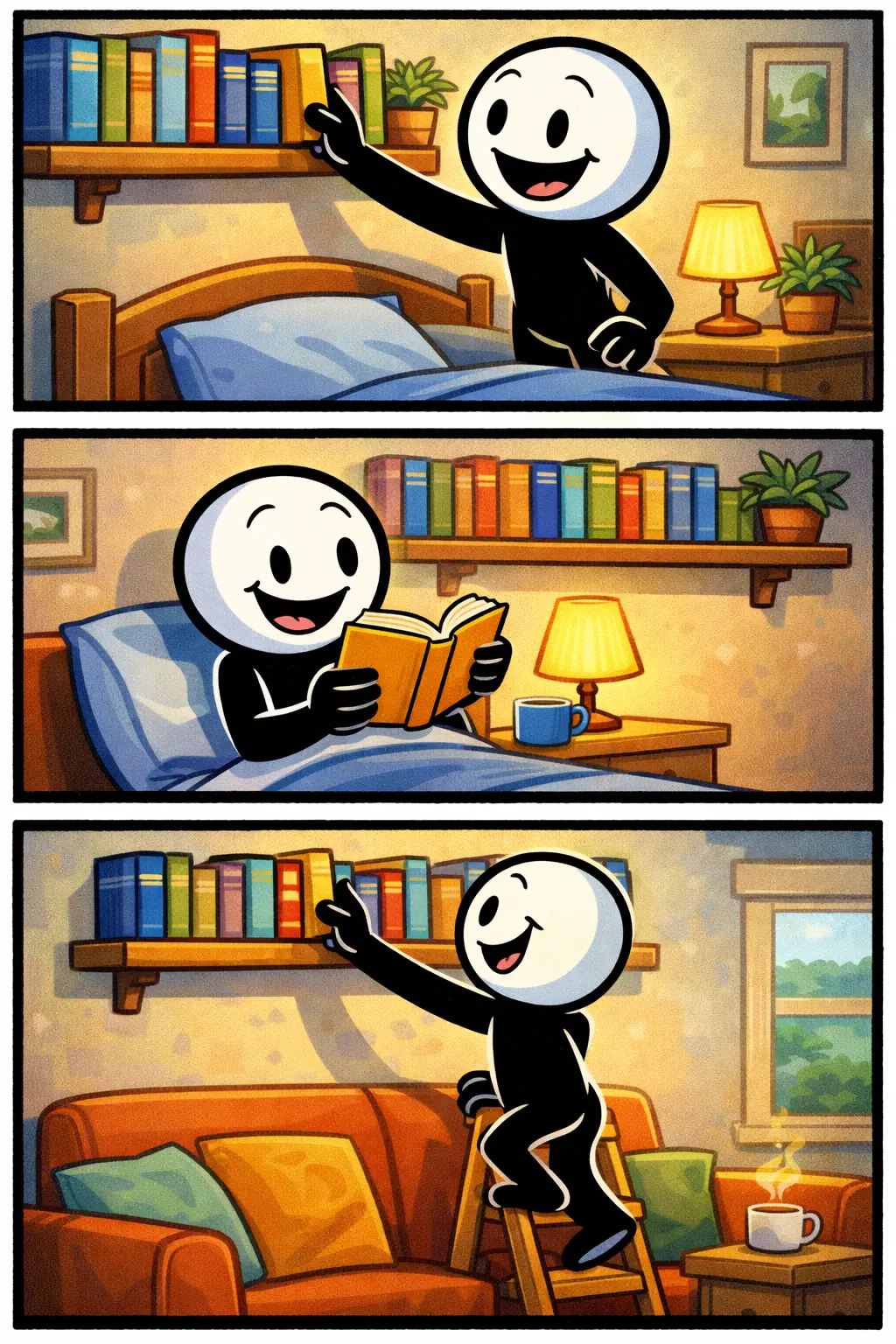 Stripafbeelding van Boekenplank waarin een stickman een boek van de plank pakt en daarna leest in een stoel.
