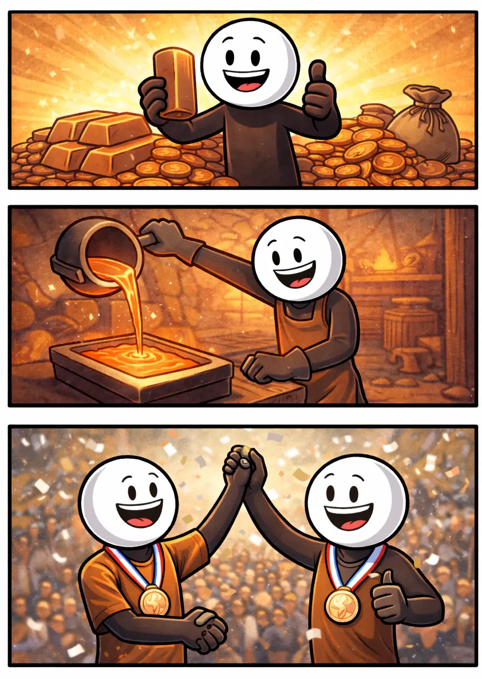 Een kleurrijke Toonwords-strip met het Nederlandse woord brons waarin een stickman drie verschillende bronzen scènes beleeft.