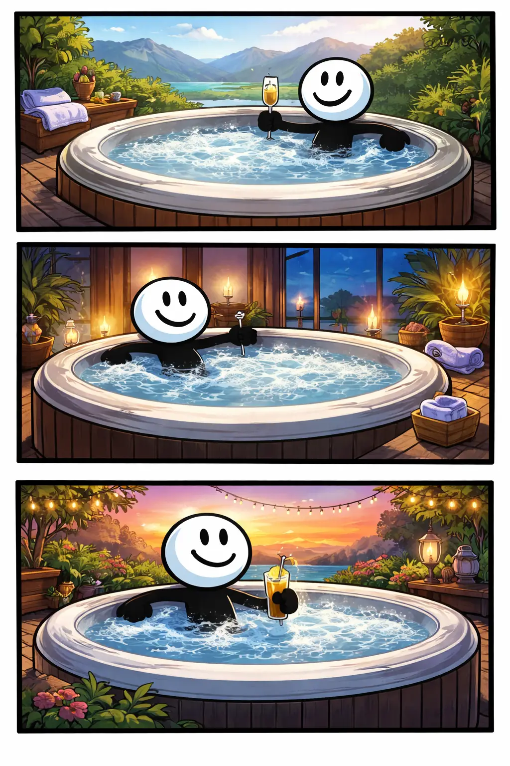 Toonwords-strip over het woord bubbelbad met drie unieke wellness-scènes en een relaxende stickman.