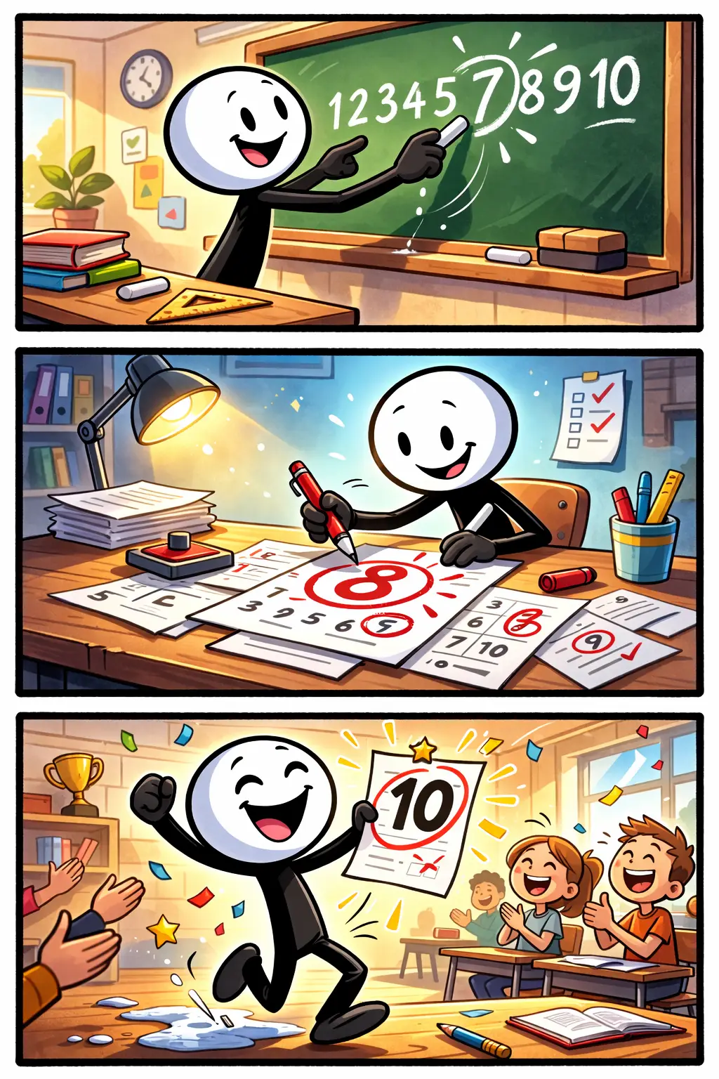 Een stripafbeelding van een stickman die verschillende momenten met een cijfer beleeft in een klaslokaal.