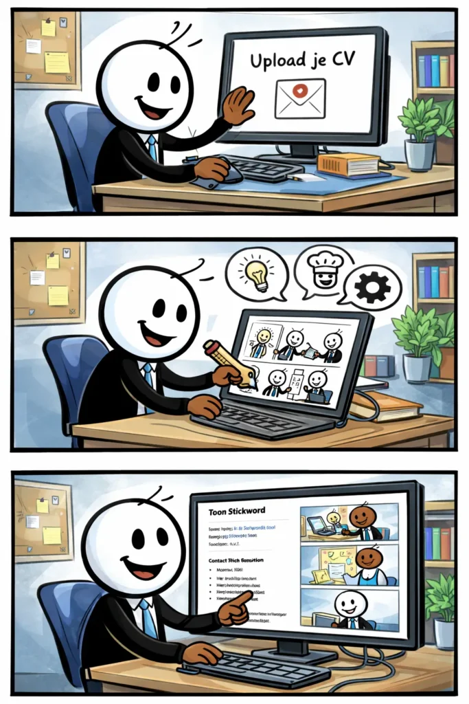 Toonwords-strip over het uploaden van een cv, waarin de stickman een aanvraag ontvangt, de cv omzet naar beeld en daarna het gemaakte cv op het scherm toont.