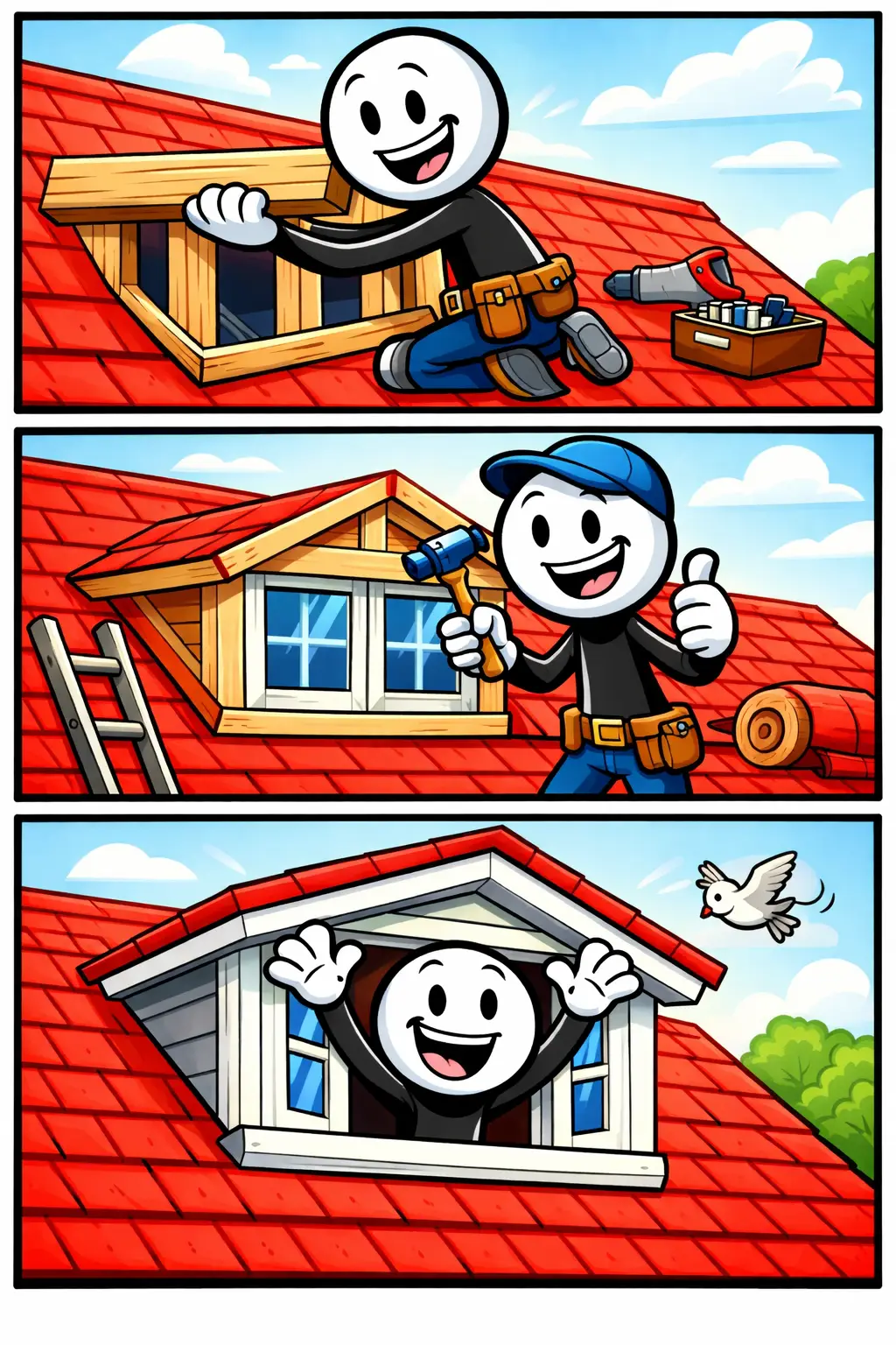 Stripafbeelding van het woord Dakkapel met een stickman die in drie panelen een dakkapel op een schuin dak plaatst en afwerkt.
