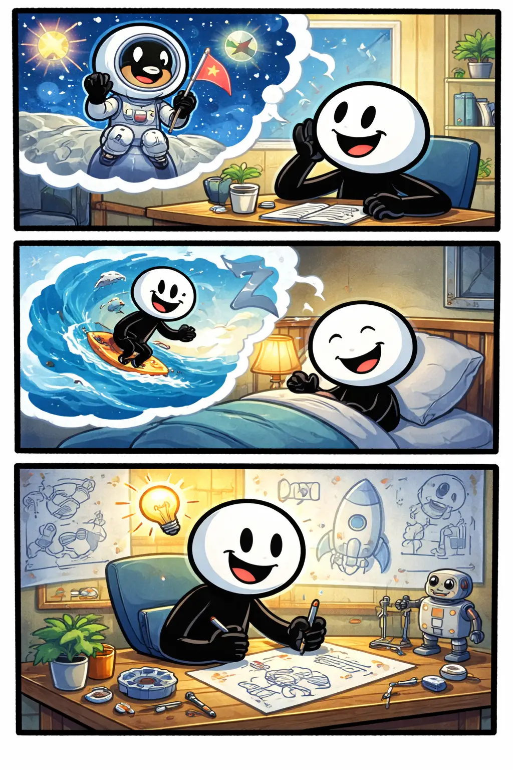 Stickman beleeft verschillende dromen in drie scènes in de Toonwords-stijl.