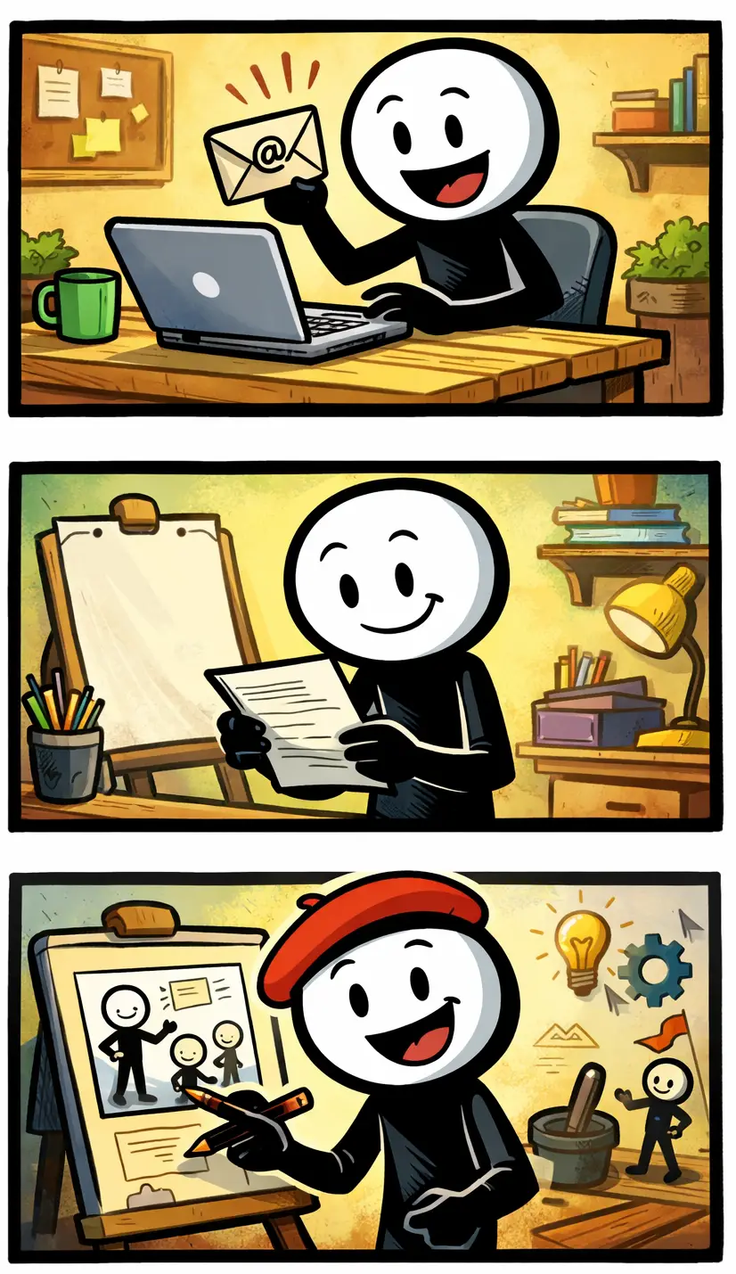 Toonwords-strip over eigen tekst uploaden en uitbeelden, waarin de stickman een ingezonden tekst ontvangt, deze uitwerkt en vervolgens het uitgebeelde resultaat toont.