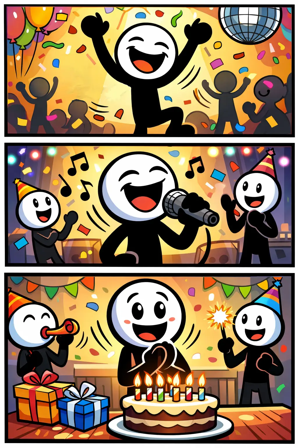 Striptekening van een feest met een dansende stickman, muziek en feestdecoratie bij het woord Feest.