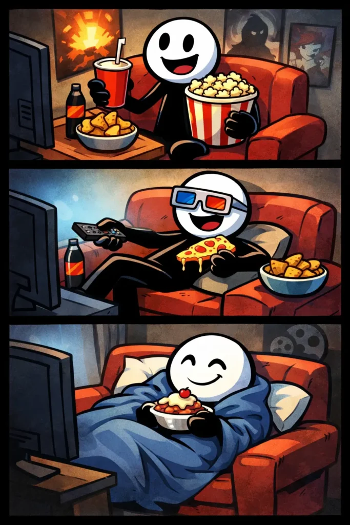 Stripafbeelding van een filmmarathon met een stickman die films kijkt en geniet van snacks.