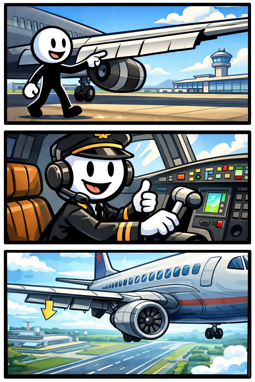 Stripafbeelding van flaps op een vliegtuigvleugel met stickman in Toonwords-stijl.