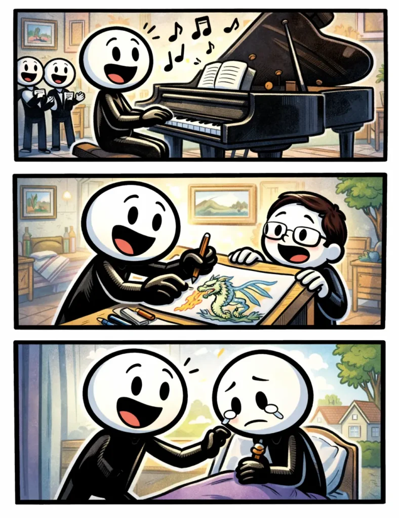 Een Toonwords-afbeelding waarin een stickman verschillende soorten gave laat zien, zoals muziek, tekenen en empathie, telkens in een ander decor.