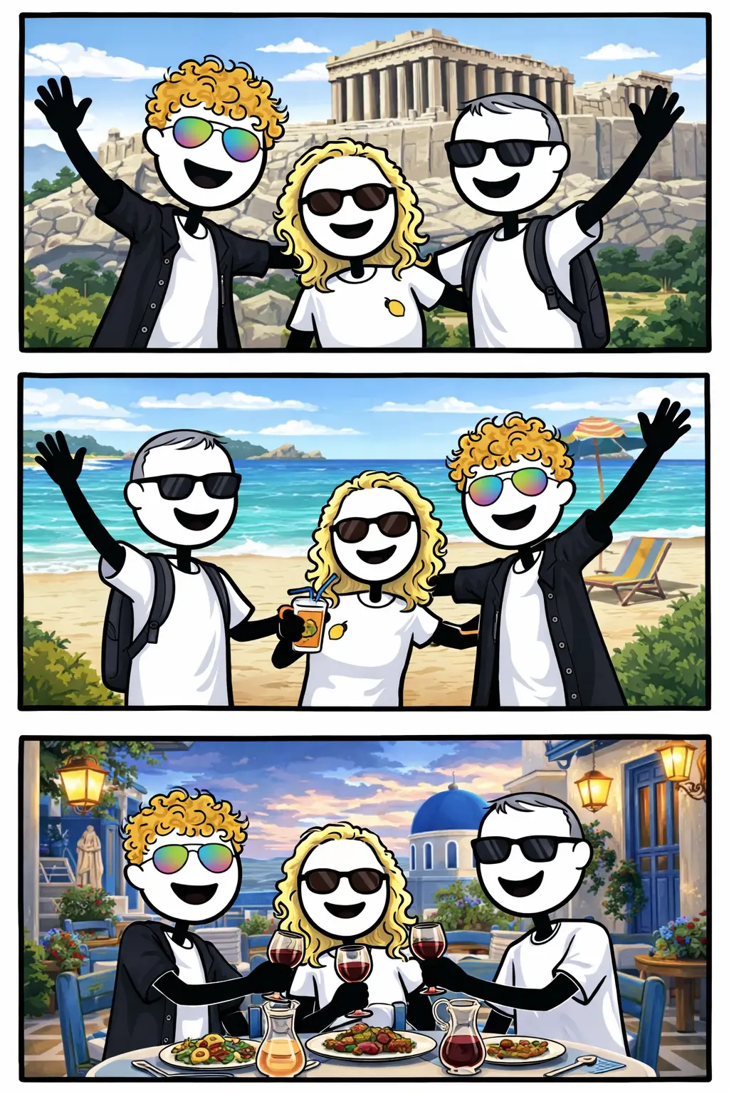 Stickman-tekening over het Nederlandse woord geluk met drie scènes in Griekenland.