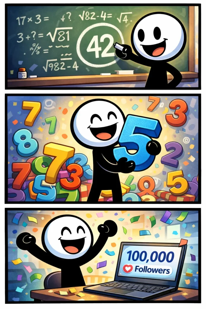 Stripafbeelding van een getal in Toonwords-stijl met een stickman die verschillende situaties met cijfers beleeft.