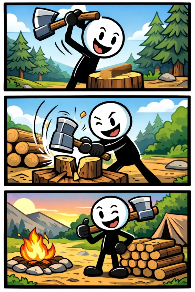 afbeelding van een hakbijl gebruikt door een stickman in een Toonwords-strip