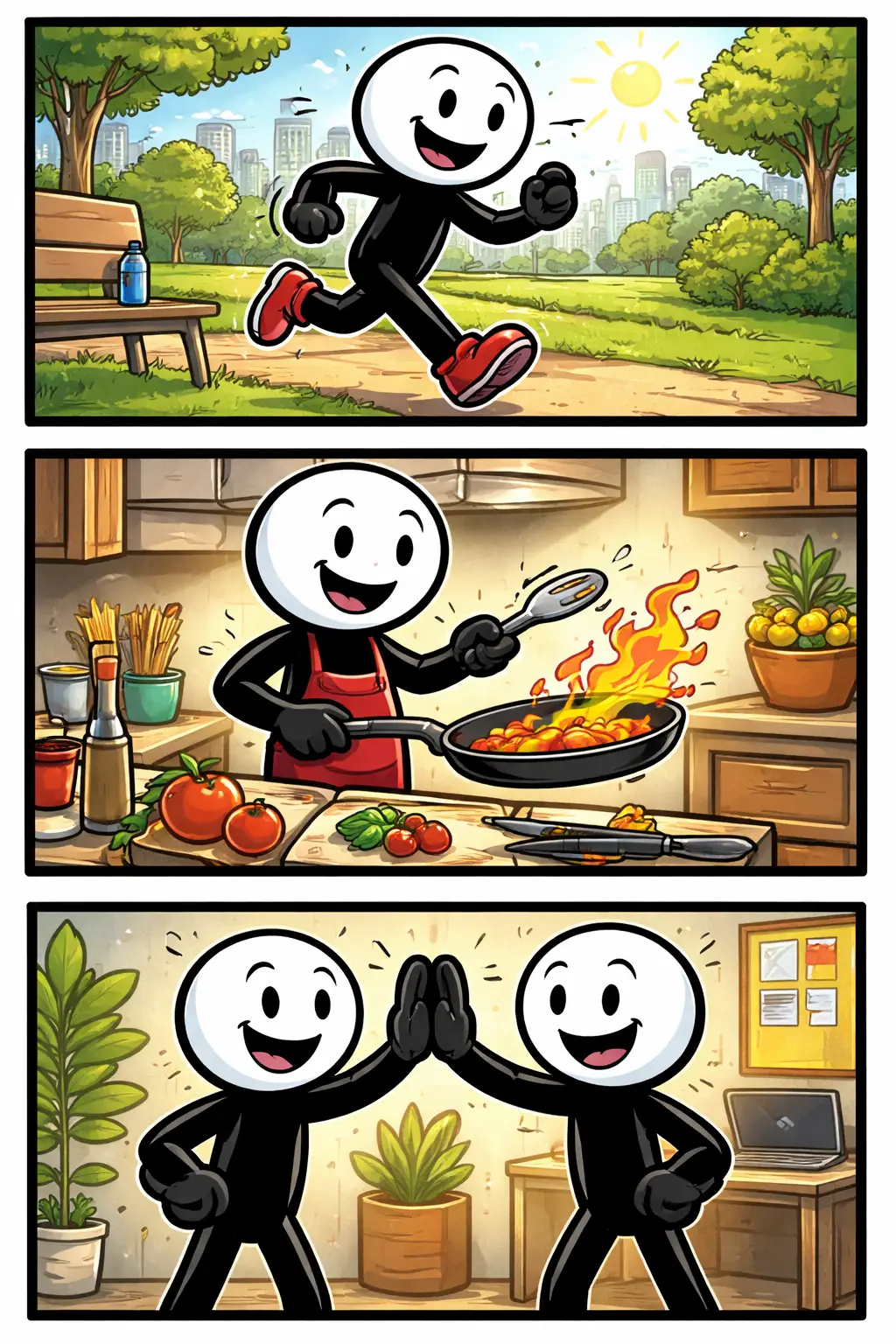 Driepanelige illustratie waarin het Nederlandse woord handeling wordt uitgebeeld met verschillende acties.