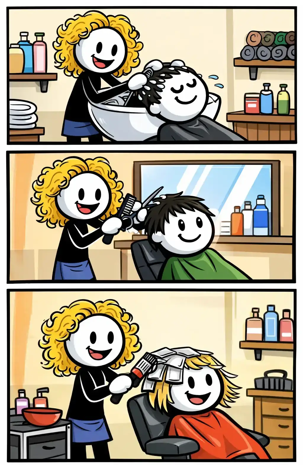 Toonwords-afbeelding van het woord kapster, waarbij de stickman een persoon met herkenbare krullen voorstelt tijdens wassen, knippen en verven in een kapsalon.