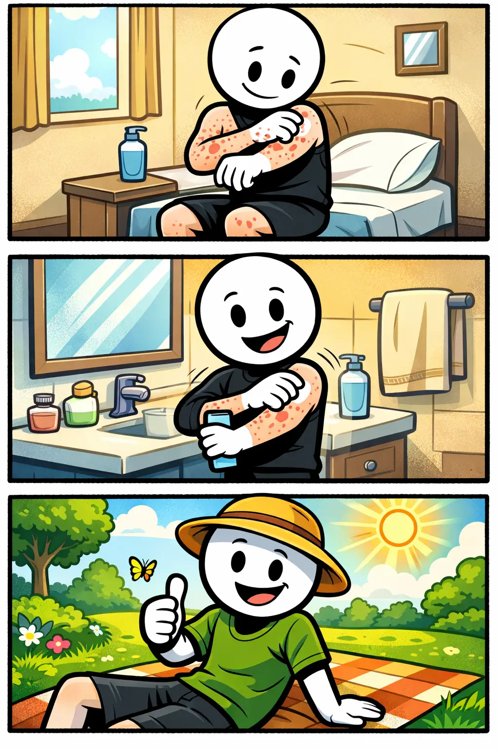 Stickman met huidziekte op armen en benen die verschillende momenten van verzorging toont in drie panelen.