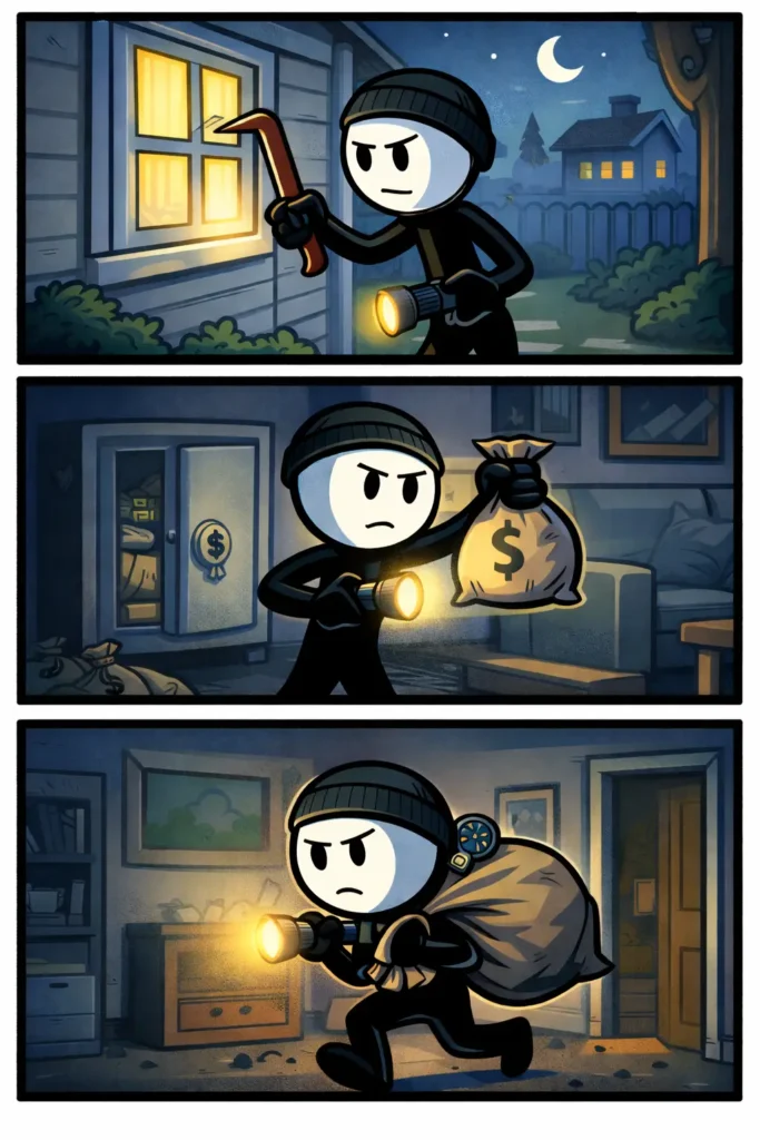 Stripafbeelding over het Nederlandse woord inbreken met drie scènes waarin een stickfiguur ’s nachts een huis binnendringt, spullen meeneemt en wegsluipt.