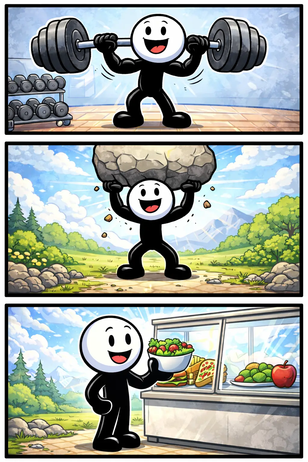 Stripafbeelding van een stickman die gewichten tilt en een rots optilt en kiest voor het gezonde eten bij het toonword Kracht.