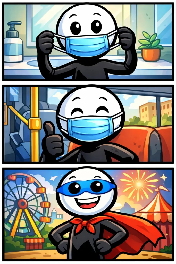 Stickman met een masker op in drie verschillende situaties.