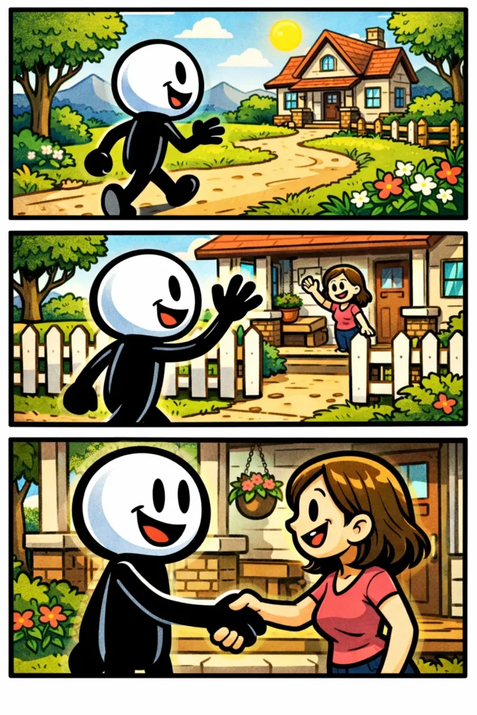 Stripafbeelding van het woord Naderen waarin een stickman stap voor stap dichter bij een huis en persoon komt.