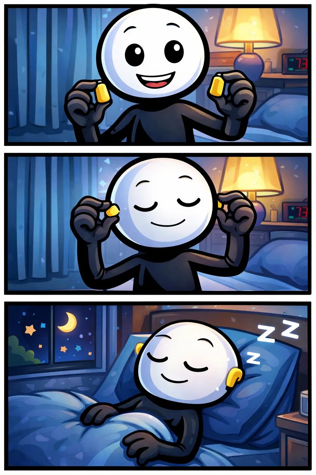 Stickman die oordoppen pakt, indoet en daarna rustig slaapt met oordoppen in.