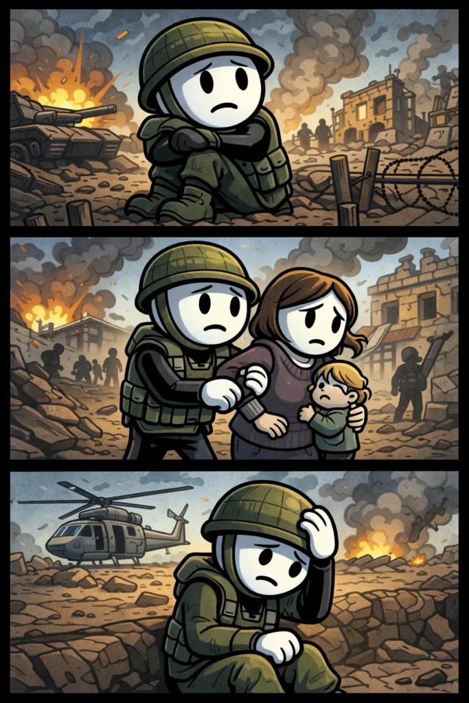 Striptekening in Toonwords-stijl van het woord Oorlog met een stickman in verschillende situaties die spanning en dreiging laten zien.