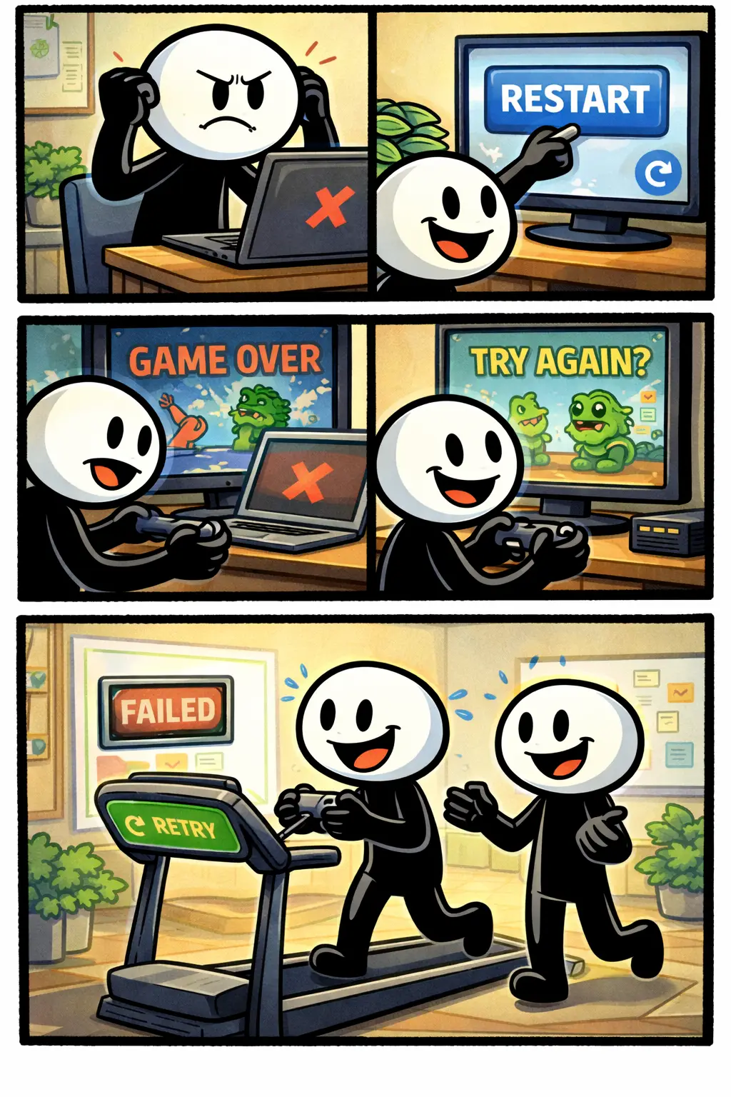 Stickman probeert iets opnieuw in drie scènes in de Toonwords-stijl.