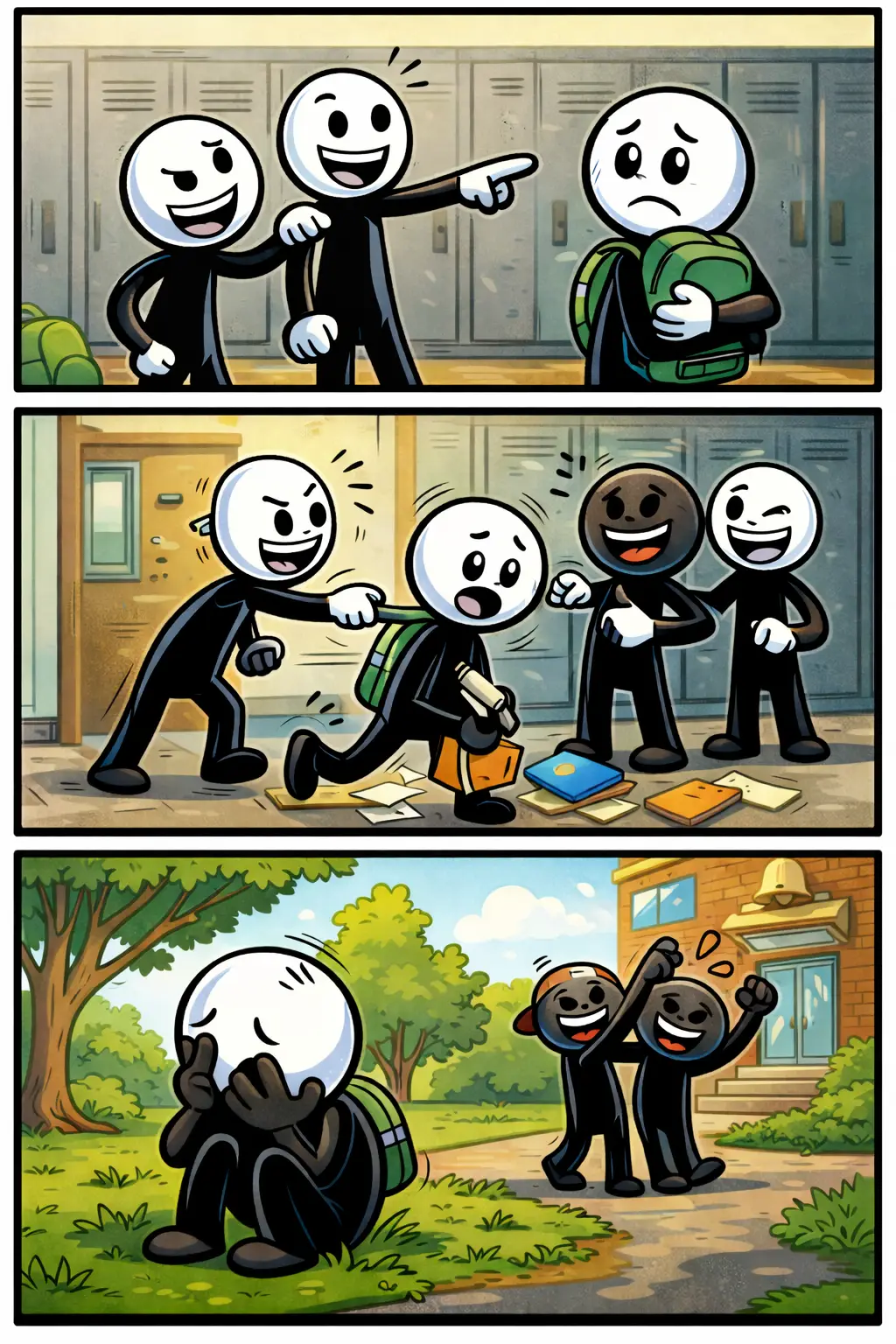 Stripafbeelding van een pesterij met stickman in Toonwords-stijl in drie verschillende scènes.