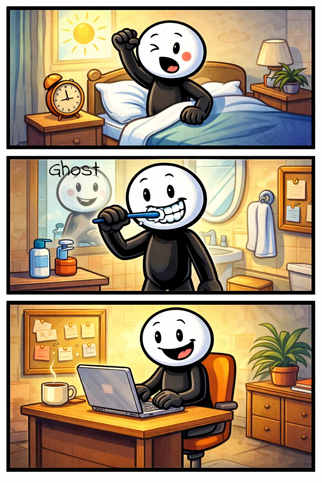 Stickman in drie panelen die een dagelijkse routine toont zoals opstaan, zich verzorgen en werken in Toonwords-stijl.