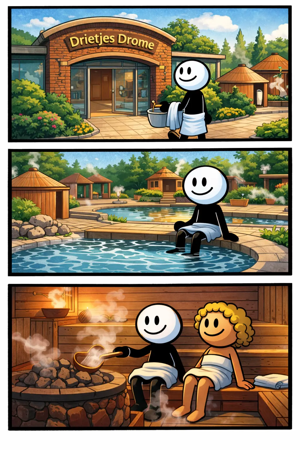 Toonwords-strip over het woord sauna met ingang, buitenterrein en binnenruimte met twee sticks.
