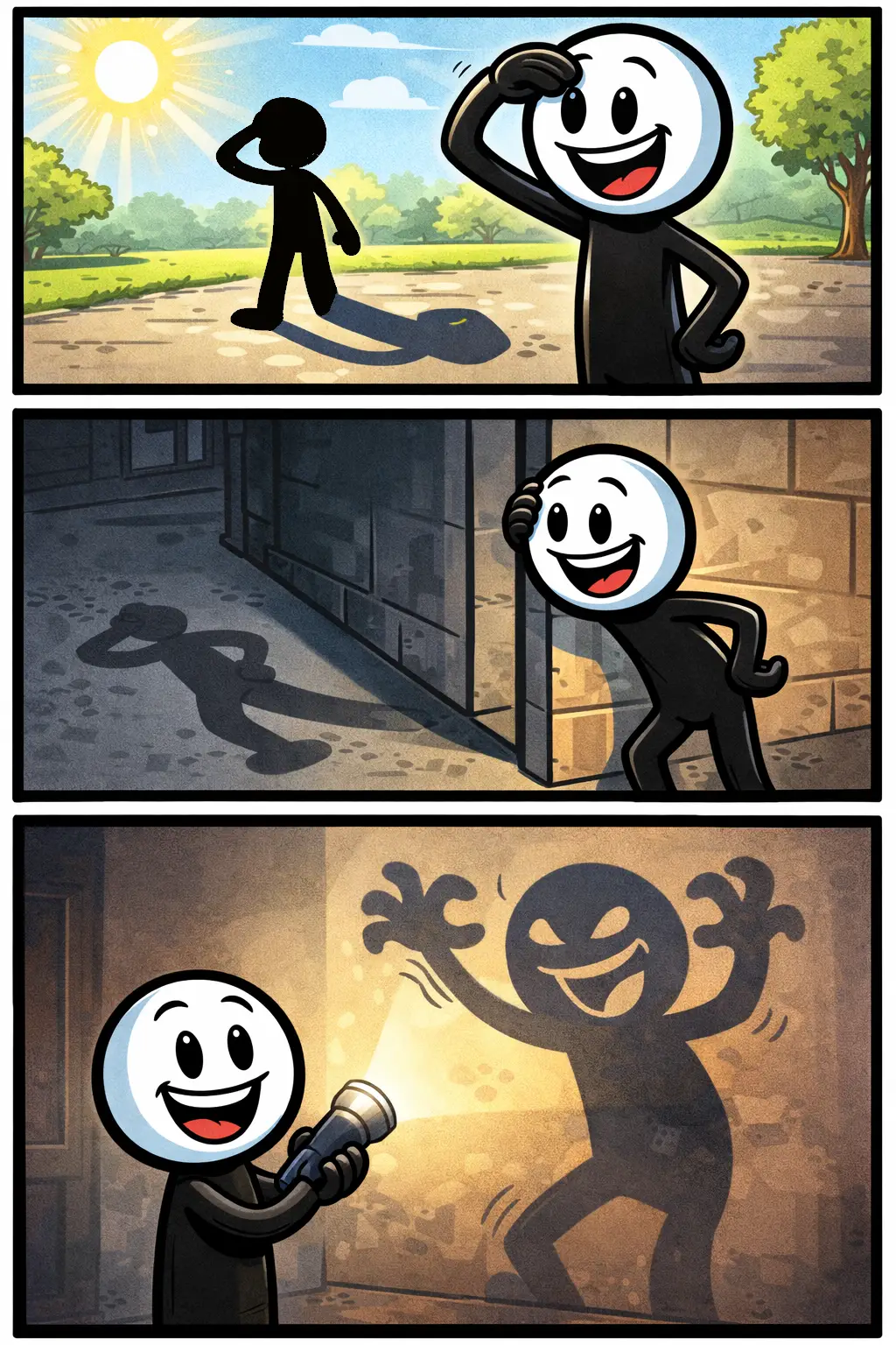 Stickman kijkt naar zijn eigen schaduwkant op de grond terwijl de zon een duidelijke donkere vorm achter hem werpt.
