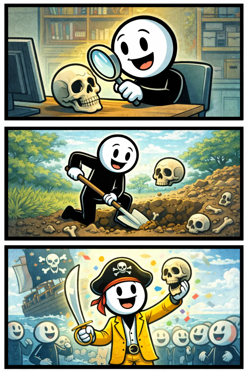 Stickman die het begrip schedel uitbeeldt met drie scènes waarin een schedel centraal staat.