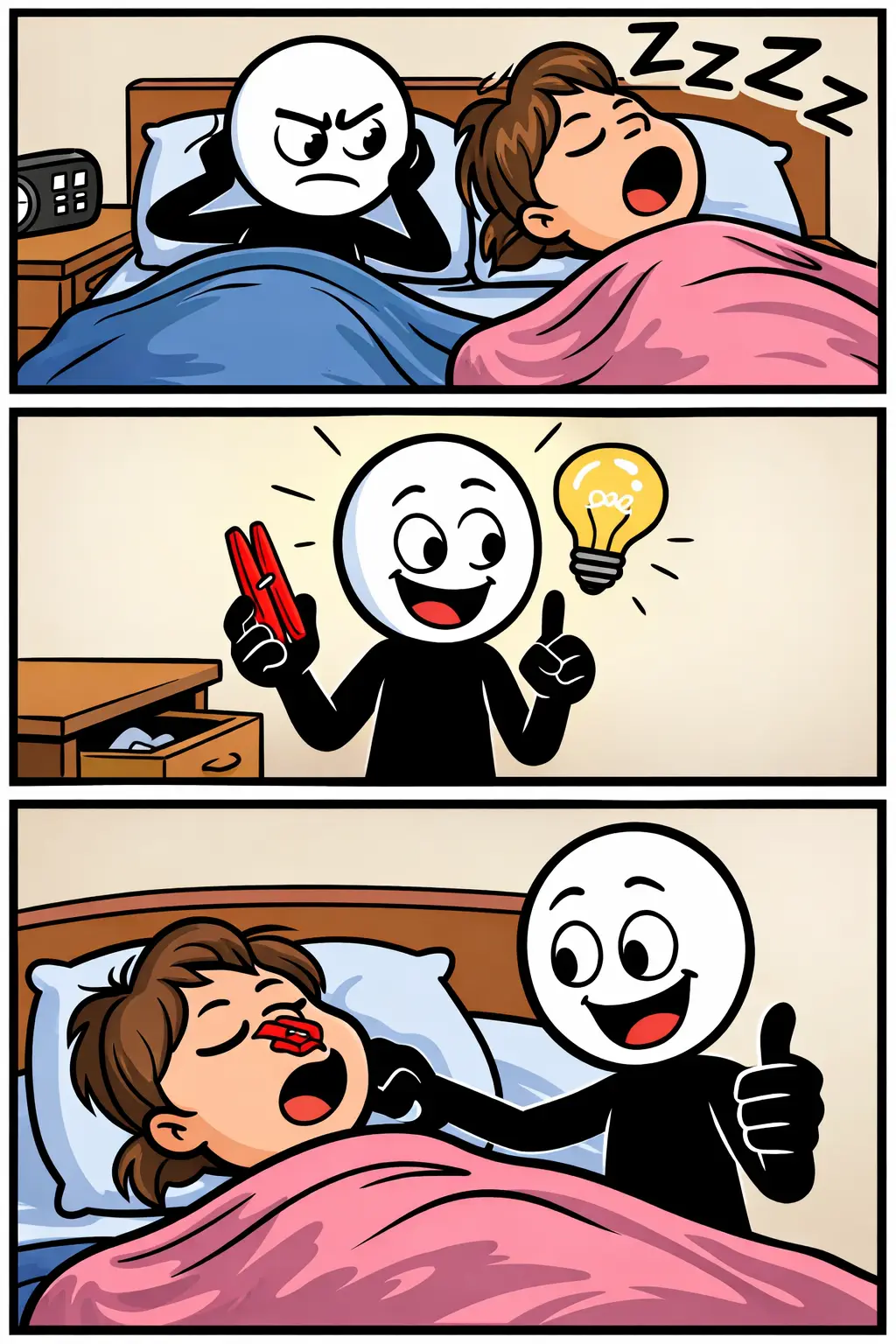 Een strip waarin het Nederlandse woord snurken wordt uitgebeeld met een luid slapende partner.