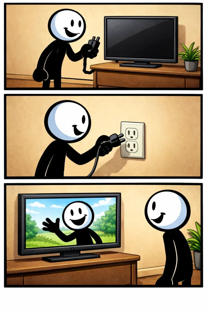 Stick steekt de stekker in het stopcontact en ziet de tv vrolijk aangaan.