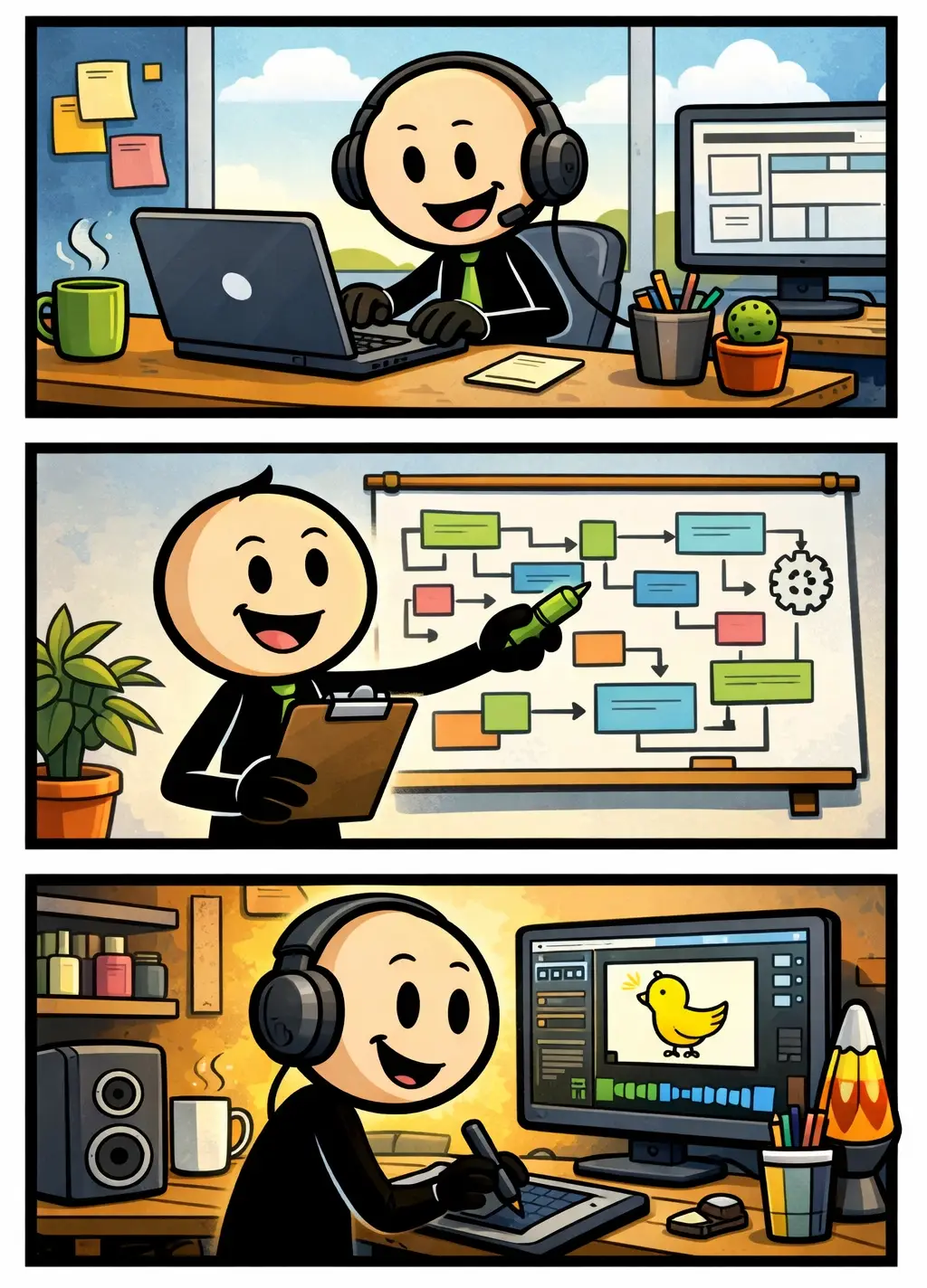 Strip met drie panelen van Tony Woodstick aan het werk in Toonwords-stijl.