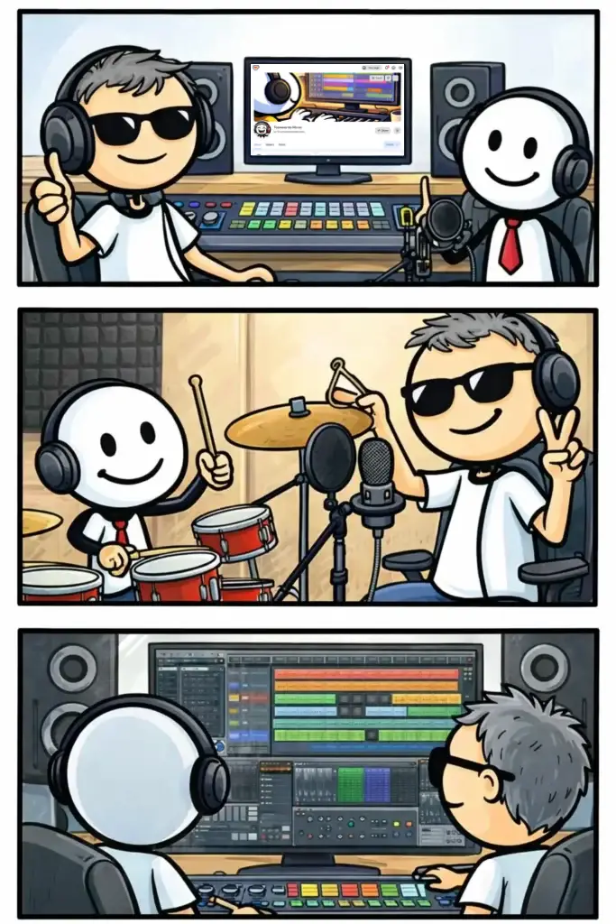 Toonwords Music strip met Barry en Stick die muziek maken, mixen en opnemen in een studio.