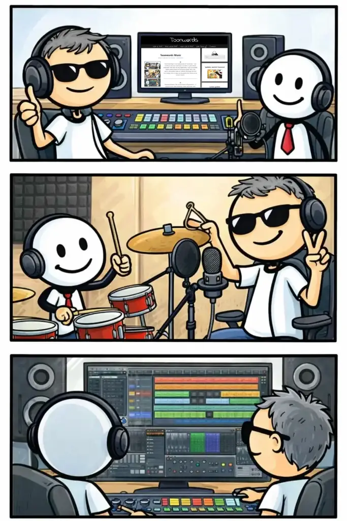 Toonwords Music strip met Barry en Stick die muziek maken, mixen en opnemen in een studio.