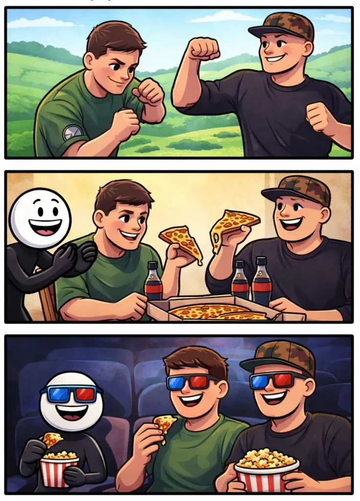 Stripafbeelding van het Toonword Gouden vrienden Fred en Jan met twee vrienden en een vrolijke stickman.