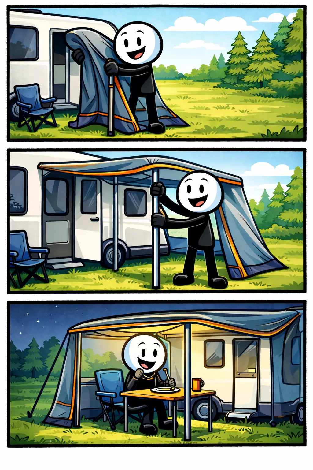 Afbeelding van een Toonwords-stickman die een voortent opzet en gebruikt, passend bij het woord voortent.