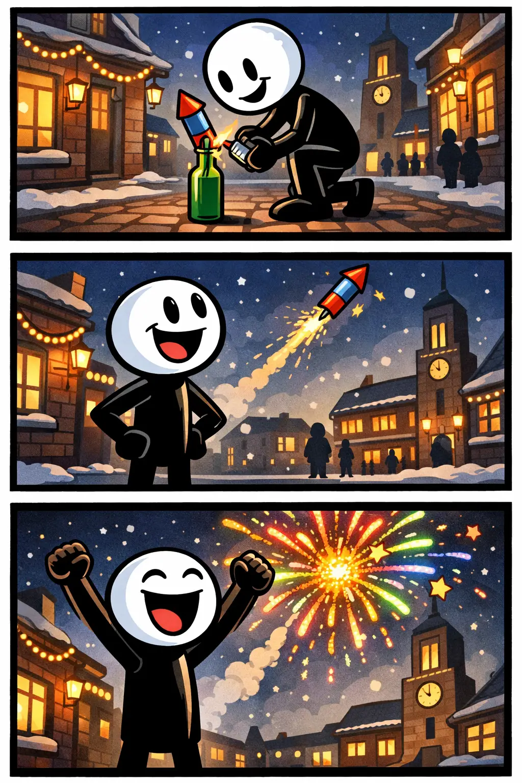 Een Toonwords-afbeelding van een vuurpijl die wordt aangestoken, omhoog schiet en in de lucht uit elkaar spat.