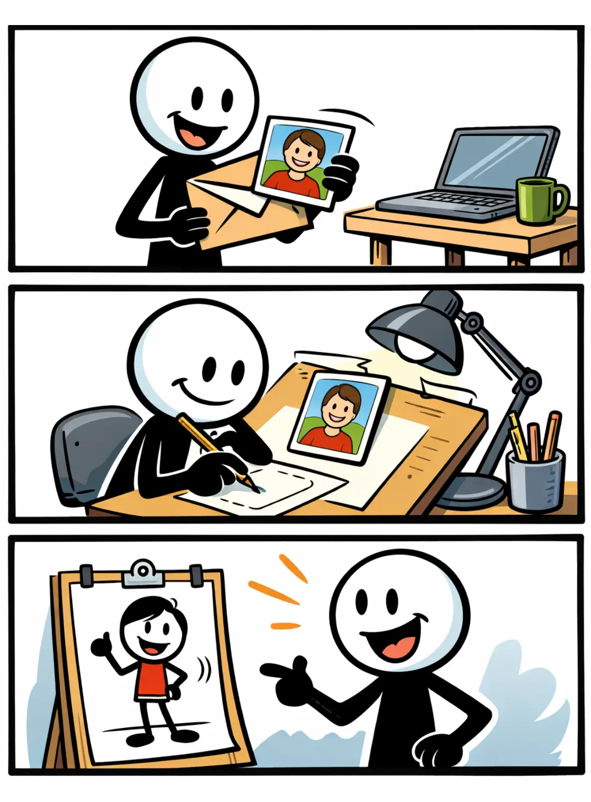 Toonwords-afbeelding van Wat Toon jij? waarop een stickman een foto ontvangt, deze natekent en een toonfiguur maakt.