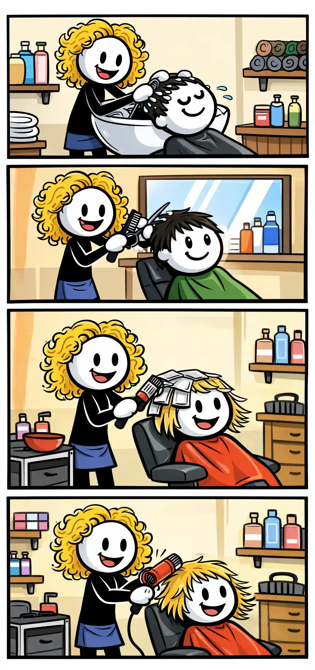 Stickmo die werk in de kapsalon uitbeeldt, met verschillende handelingen zoals wassen, knippen, kleuren en föhnen in drie panelen.