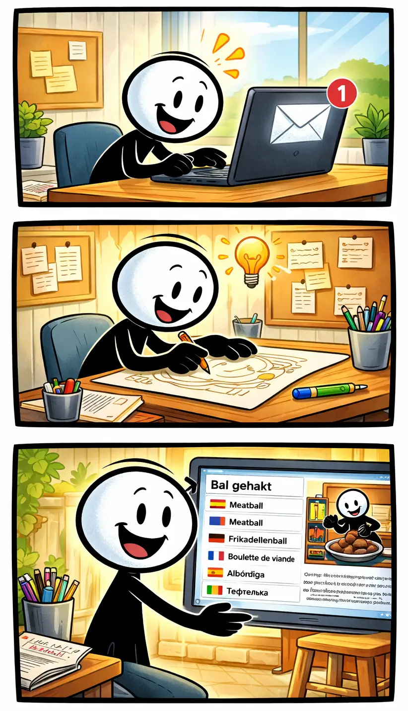 Toonwords-strip over het woord bal gehakt, waarin de stickman een aanvraag ontvangt, tekent en het vertaalde woord op het scherm toont.