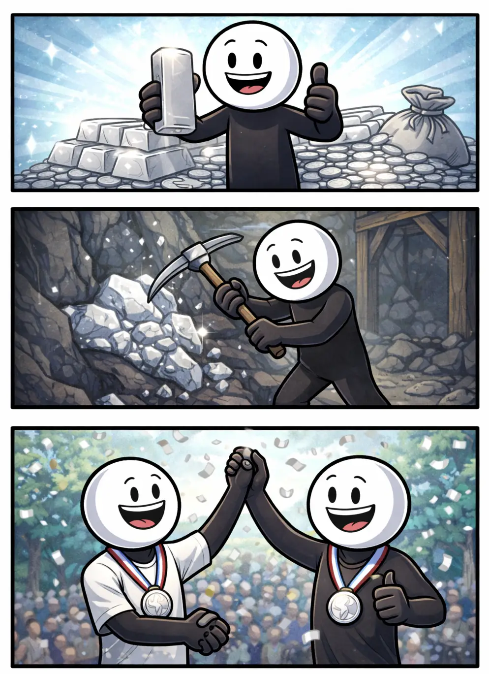 Stripafbeelding van het Toonword Zilver met een vrolijke stickman in zilveren scènes.