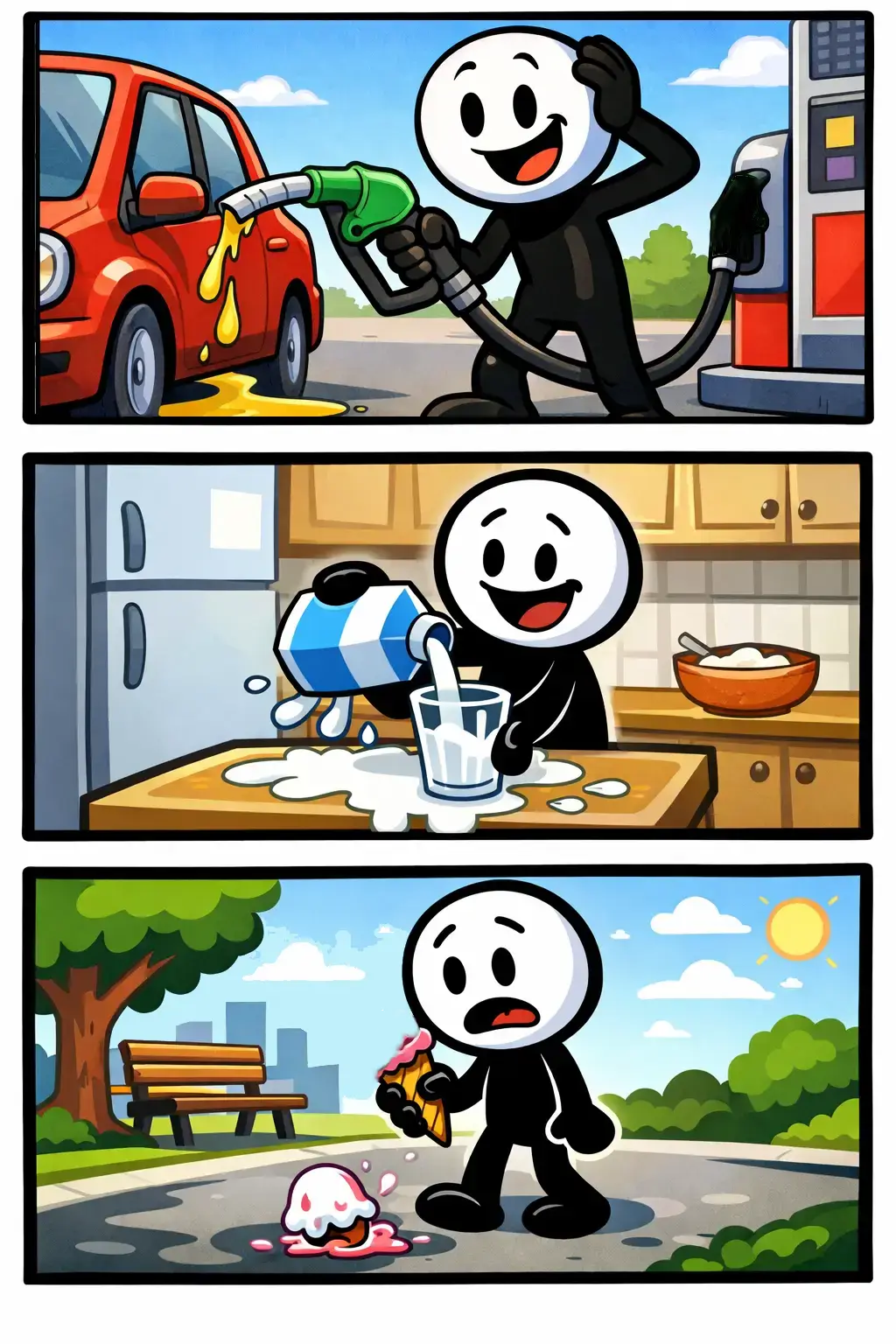 Stripafbeelding van het toonword Zonde met een stickman die morst bij het tanken, melk verspilt en een ijsje laat vallen in drie verschillende panelen.