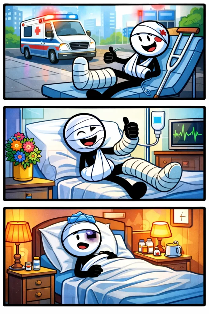 Een Toonwords-afbeelding van het woord zwaargewond met een stickman die zichtbaar gewond raakt in drie scènes.