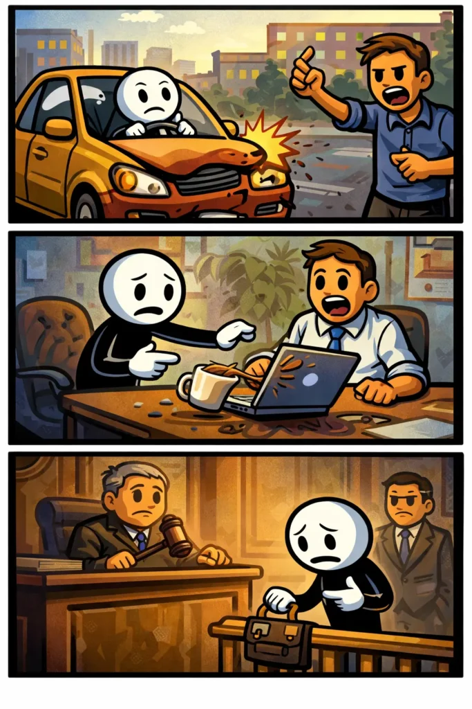 Een Toonwords-stijl stripafbeelding met drie panelen waarin een stickman aansprakelijk wordt gesteld voor een situatie en de gevolgen daarvan ervaart in verschillende omgevingen.
